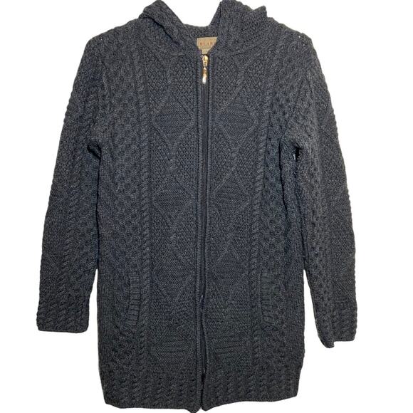 Vintage Blarney Sweater Jacket Merino Wool Full Zip Hood Cable Fisherman Knit XS - Picture 1 of 4